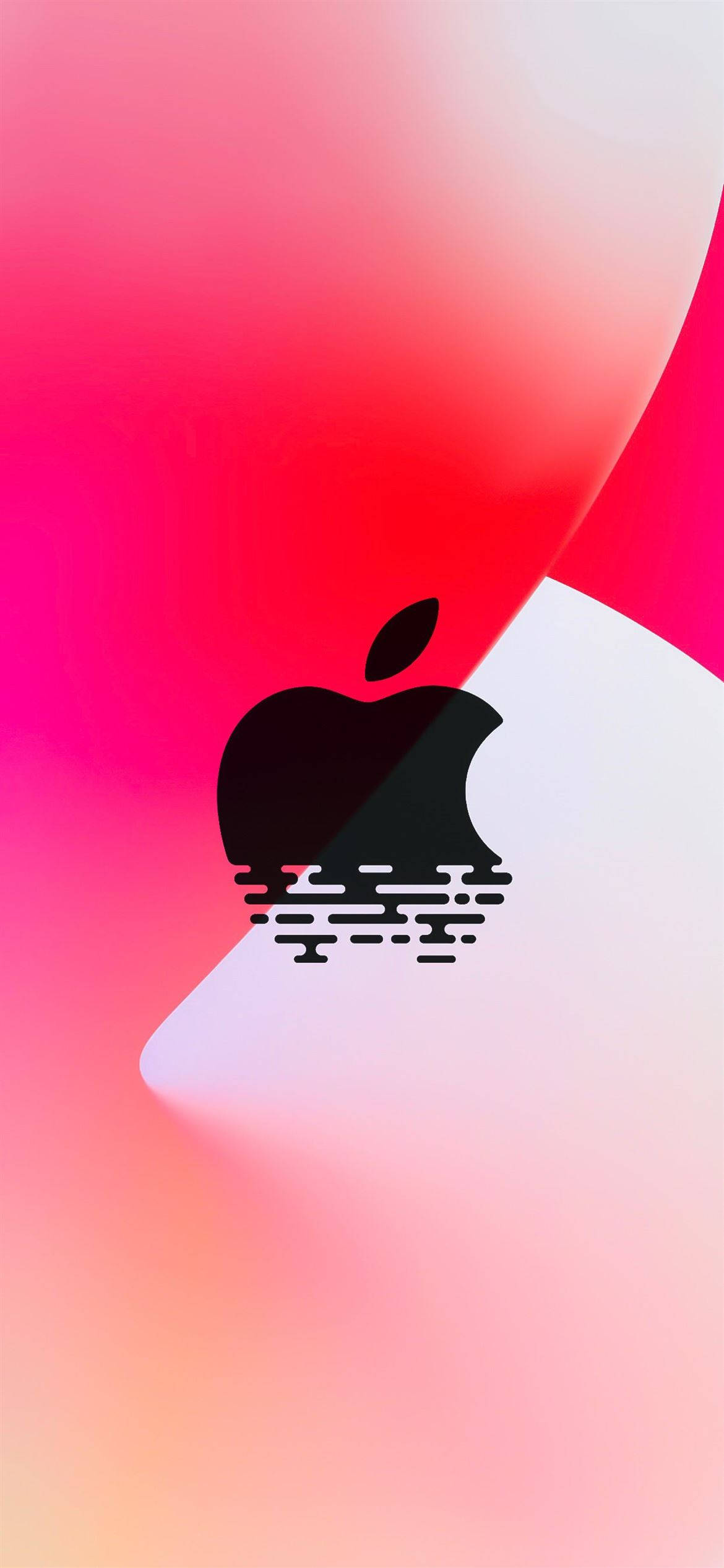 紅色 Apple 標誌 iPhone 12 壁紙 — 一個黑色Apple標誌部分浸沒在風格化的水中，背景是充滿活力的粉紅和白色漸變。
