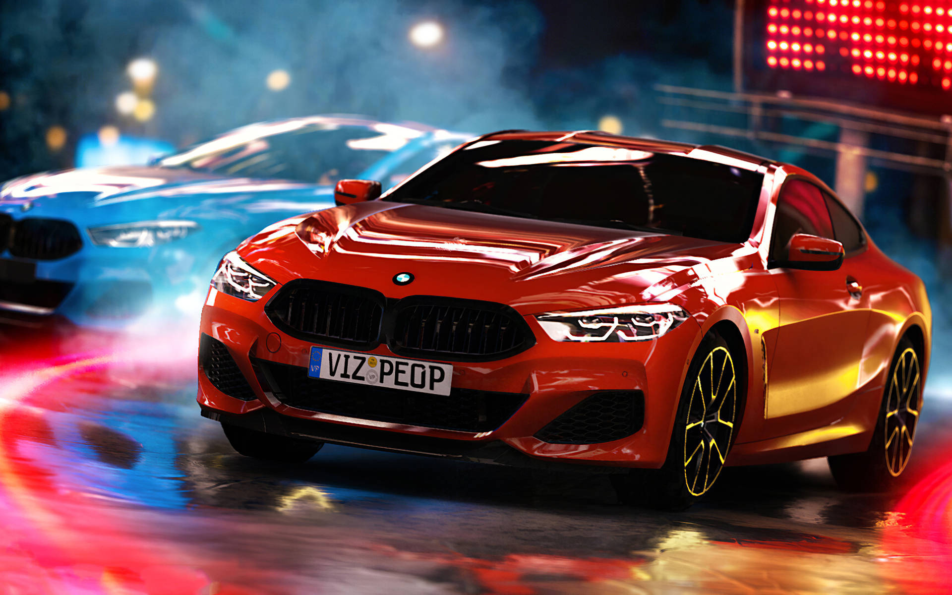 紅色 BMW M8 全高清 壁紙 — 一輛火紅色的BMW跑車在夜間飄移，霓虹燈光和煙霧圍繞其流線型車身旋轉。