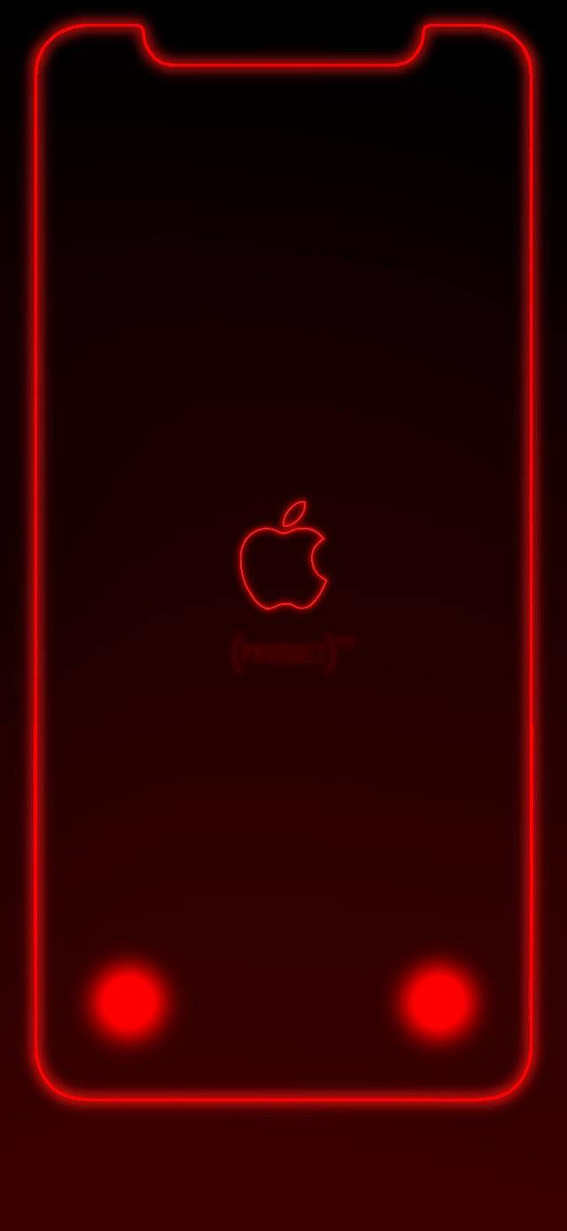深色背景上帶有Apple標誌和相機點的紅色霓虹iPhone輪廓。