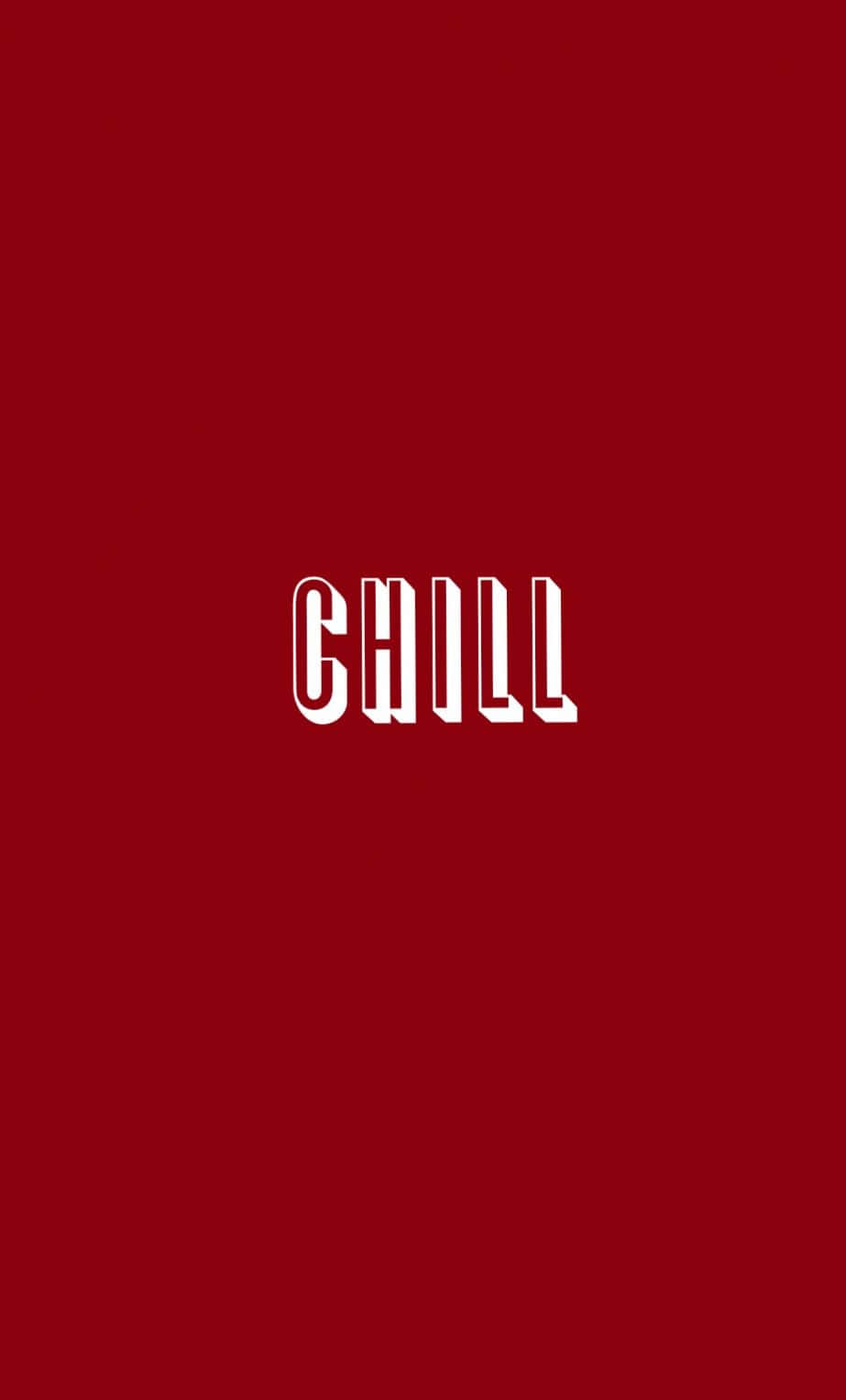 紅色 iPhone 置於木桌，環繞書籍 壁紙 — 粗體白色「CHILL」文字置中於純深紅色背景上。