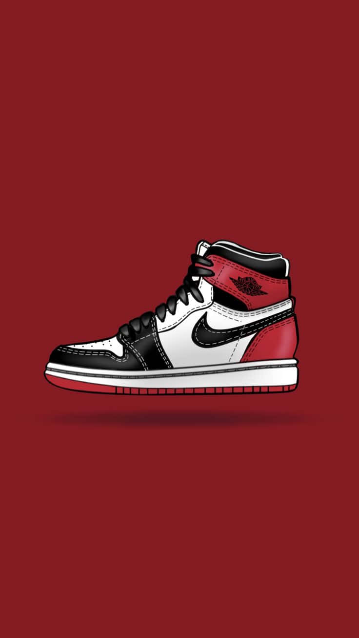 紅色 Jordan 鞋款 壁紙 — 一雙大膽的黑白紅高筒運動鞋，置於純深紅色背景中央，帶有微妙陰影。