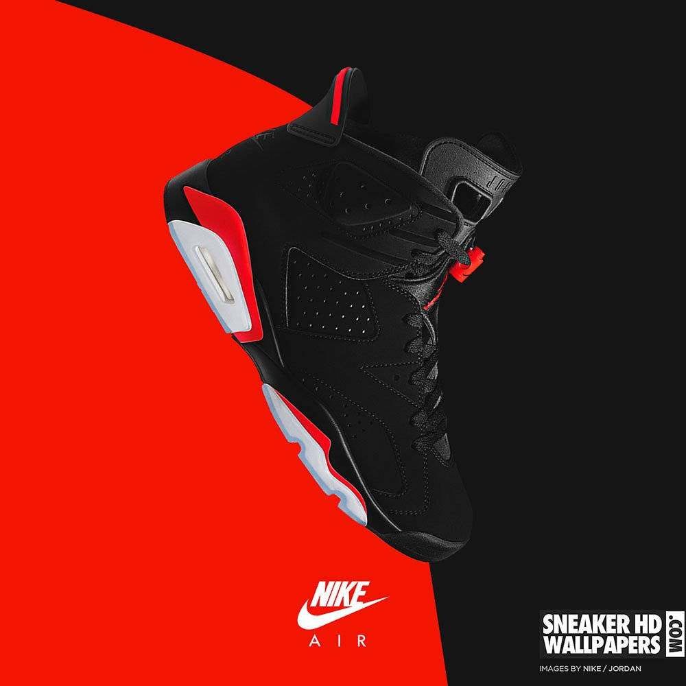 黑色Nike Air Jordan 6運動鞋，在紅色和黑色背景上帶有紅色和白色細節。
