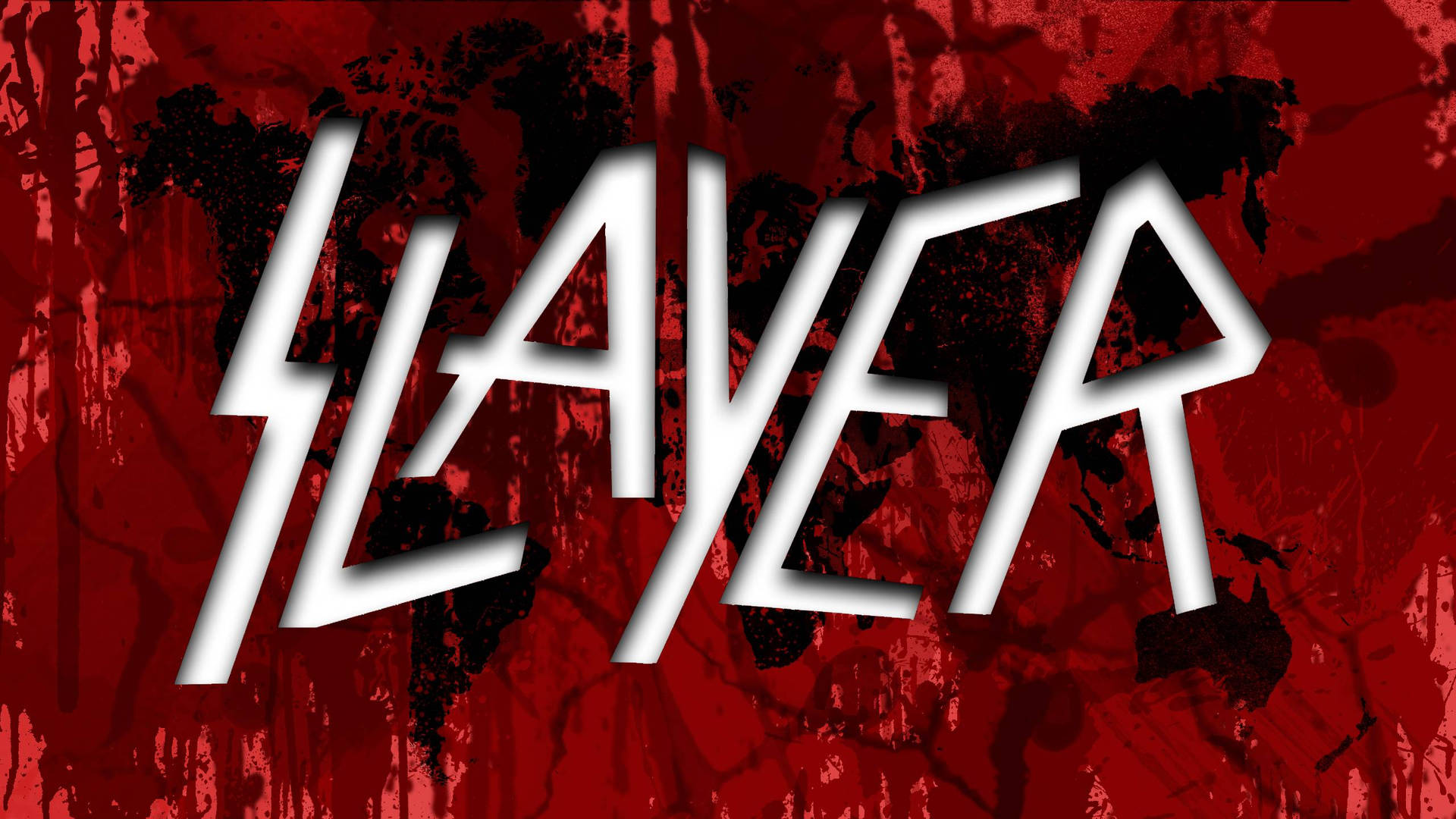 白色 Slayer 樂隊標誌在紅色和黑色潑濺背景上。