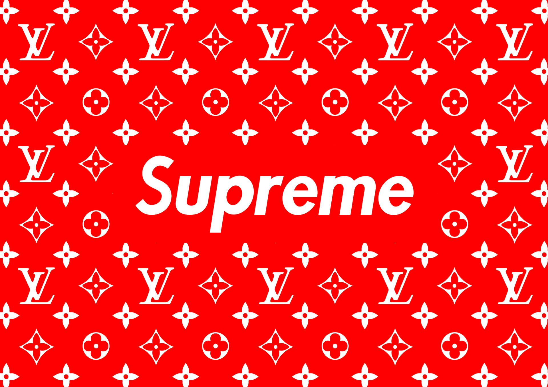 帶有LV字母組合圖案和白色Supreme標誌的紅色背景。
