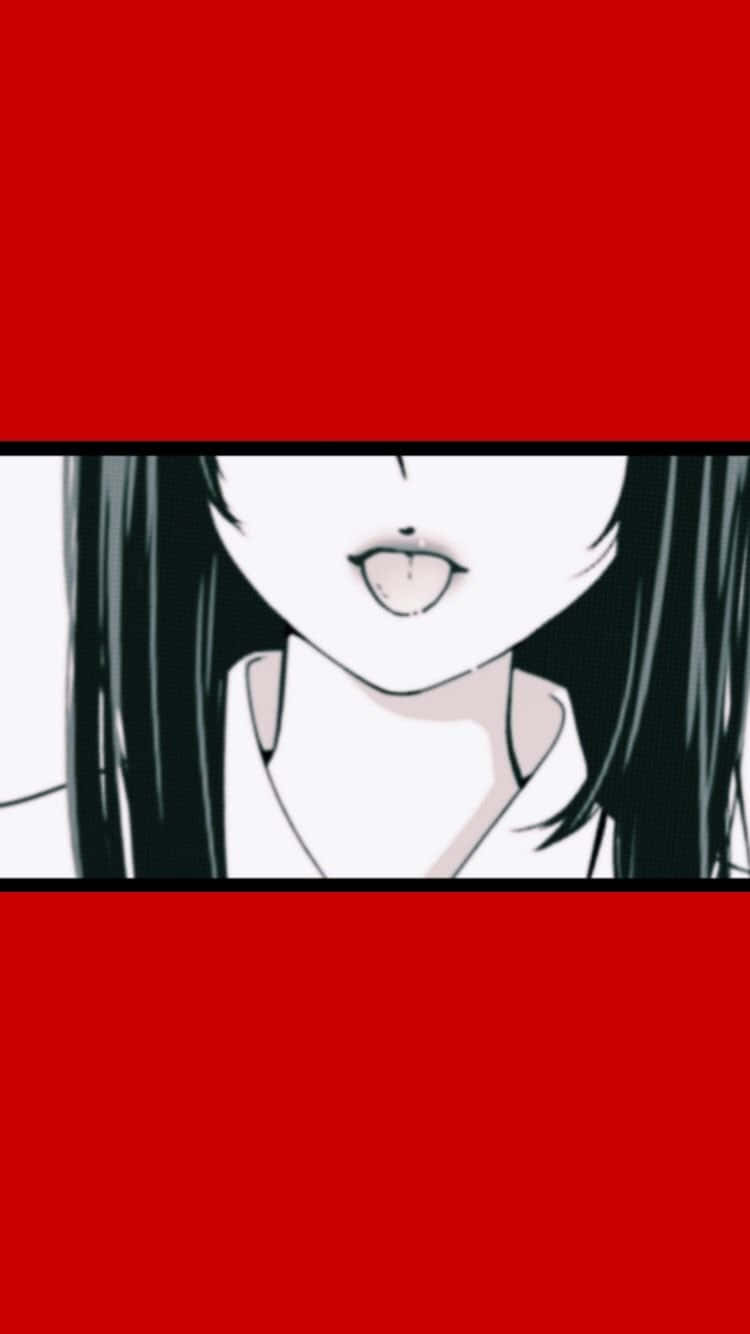 紅色《賭博默示錄》動漫美學 壁紙 — 黑髮動漫女孩在鮮紅色背景前伸出舌頭。