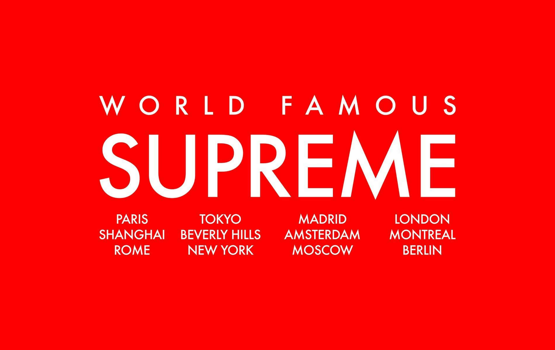 紅色背景上白色文字列出 Supreme 及全球城市。