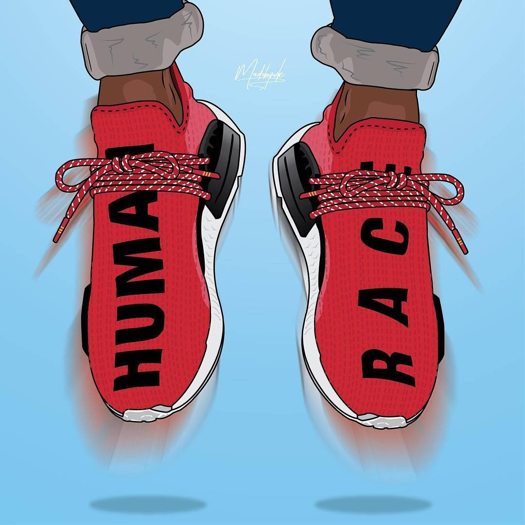 紅色Adidas NMD Human Race卡通運動鞋插畫 壁紙 — 一對紅色運動鞋，側面有「HUMAN」和「RACE」字樣，由人穿著，背景為淺藍色。