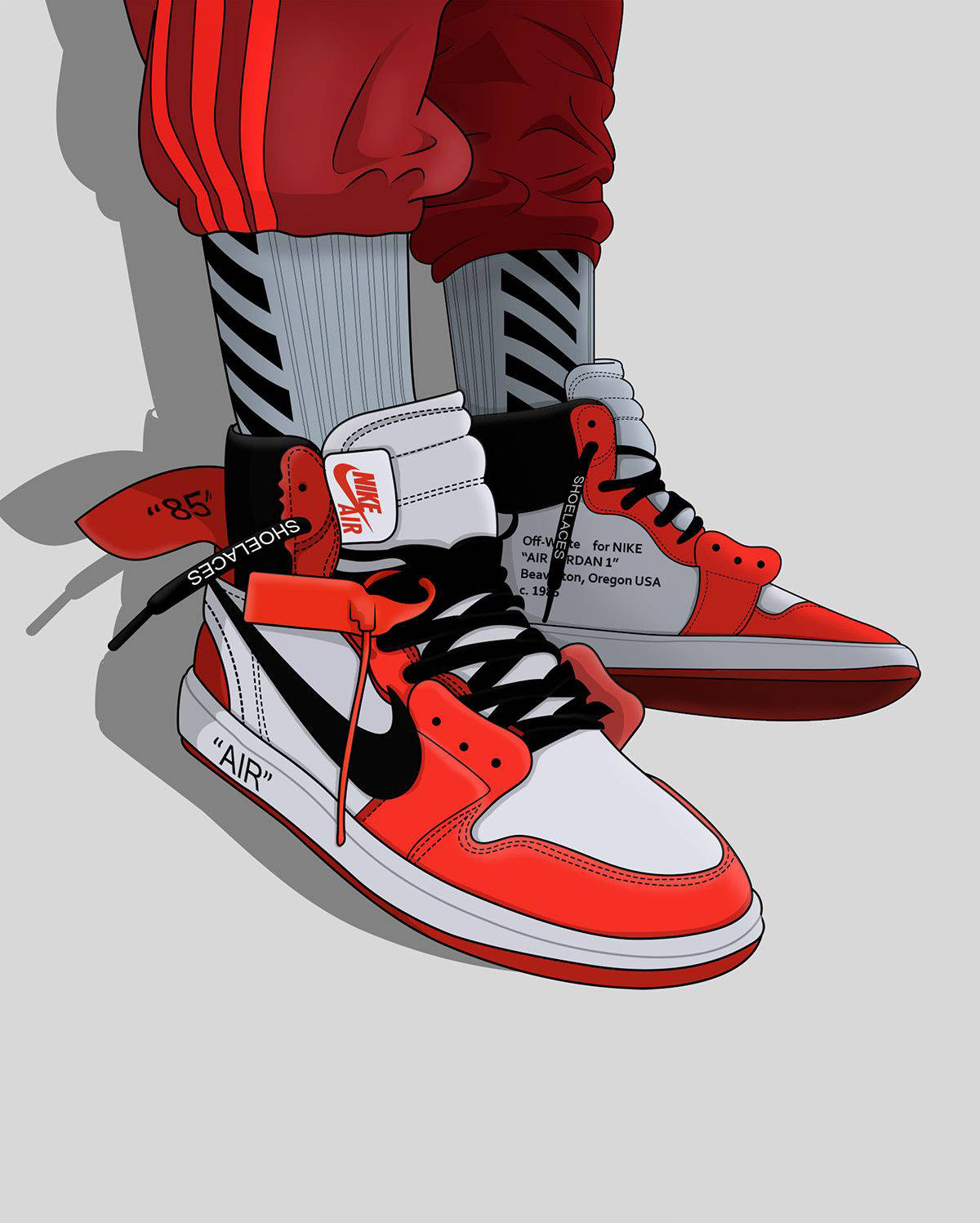 紅色Air Jordan卡通運動鞋 壁紙 — 一幅風格化的插圖，展示紅、白、黑色高筒運動鞋，帶有醒目品牌標誌和條紋襪子，背景為純灰色。