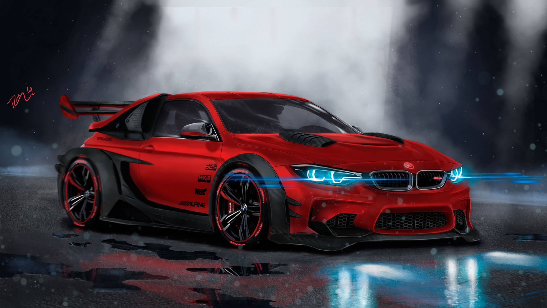 紅色BMW M4 GTS在夜間雨中奔馳，頭燈發光，背景霧氣瀰漫。