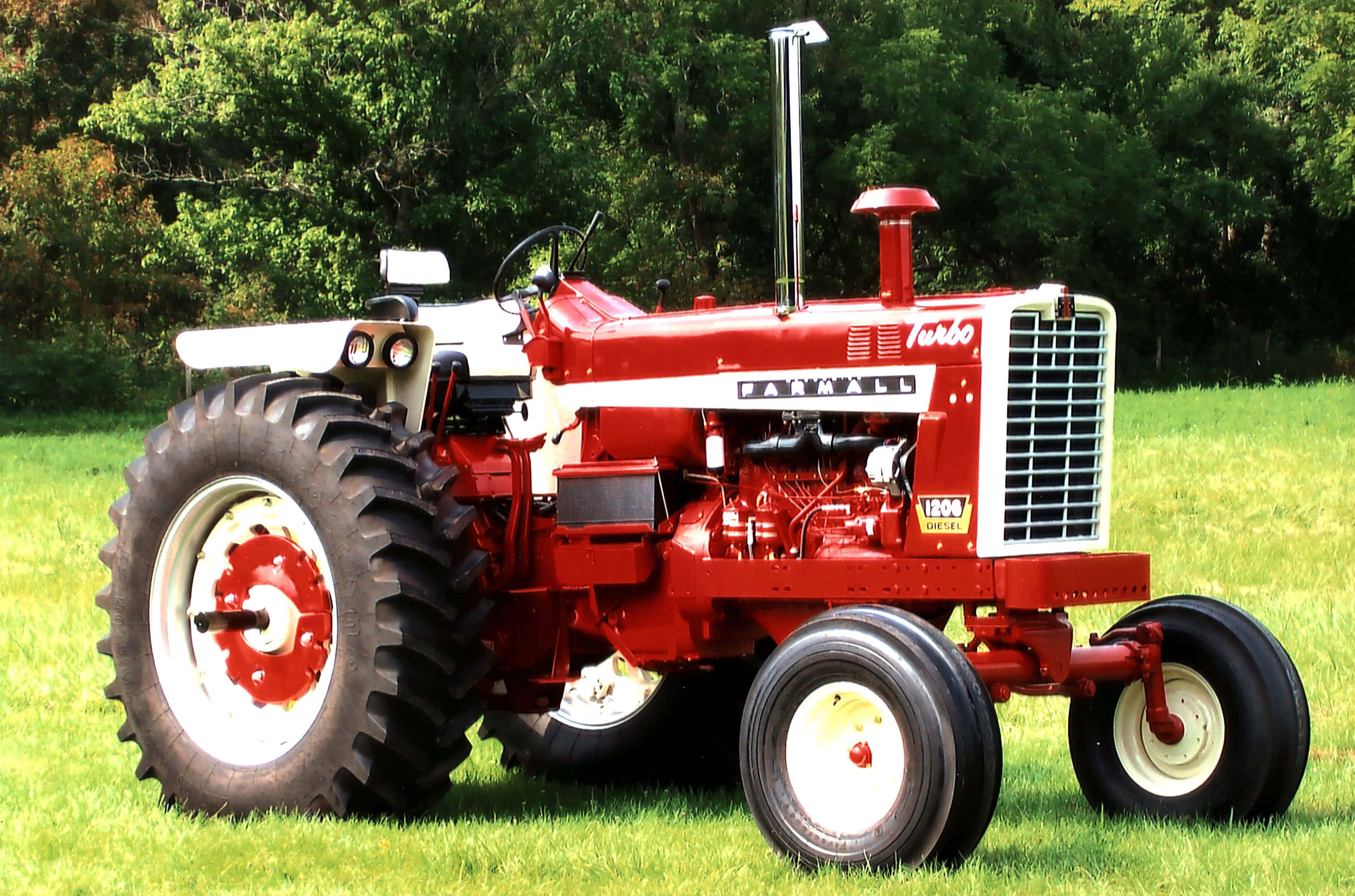 紅色Farmall Turbo拖拉機 壁紙 — 一部經典的紅色和白色 Farmall Turbo 拖拉機自豪地矗立在充滿活力的綠色草坪上，背景是茂密的樹木。
