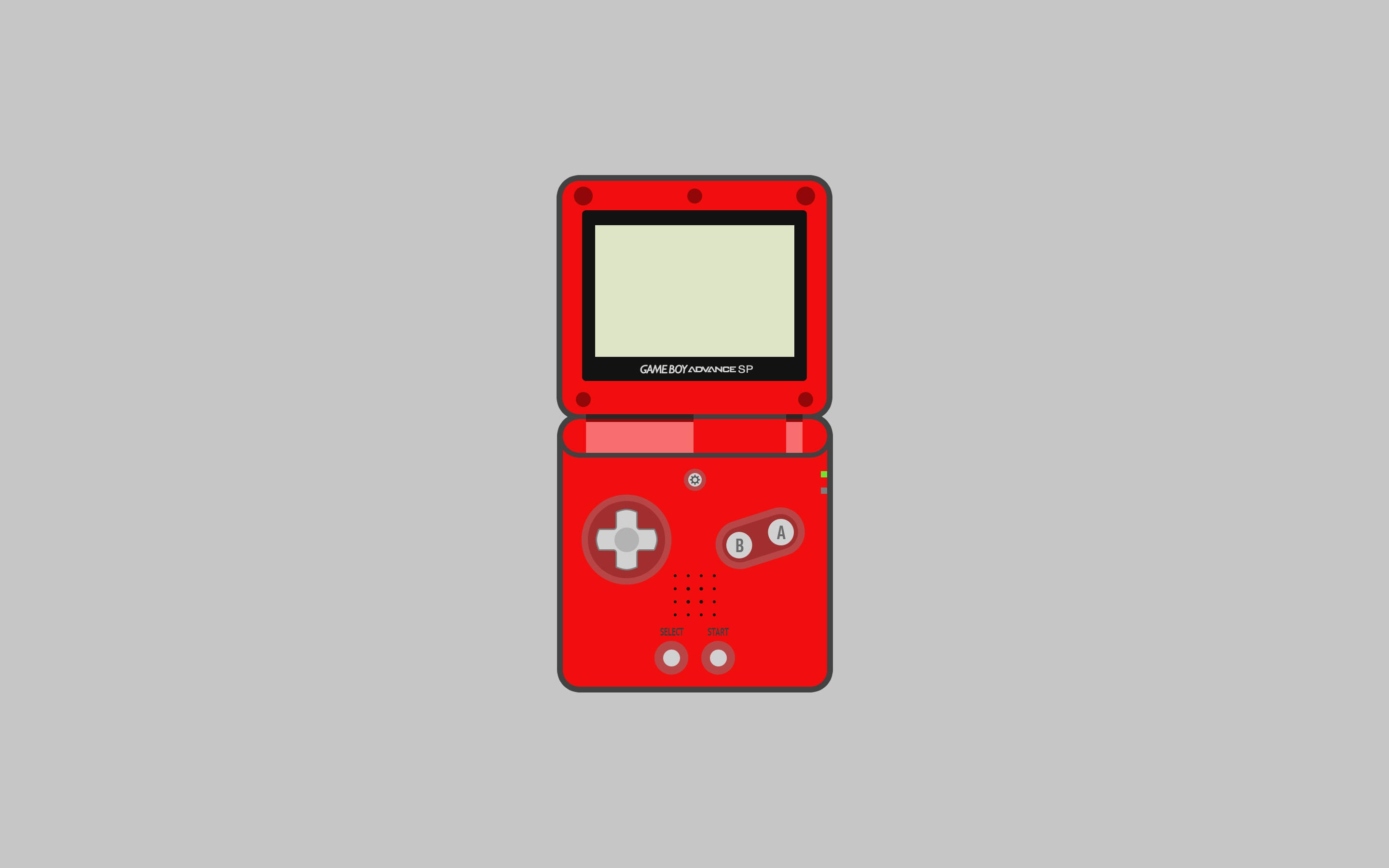 紅色Game Boy Advance SP簡約藝術 壁紙 — 一部紅色 Game Boy Advance SP 主機，屏幕空白，置於純灰色背景中央。