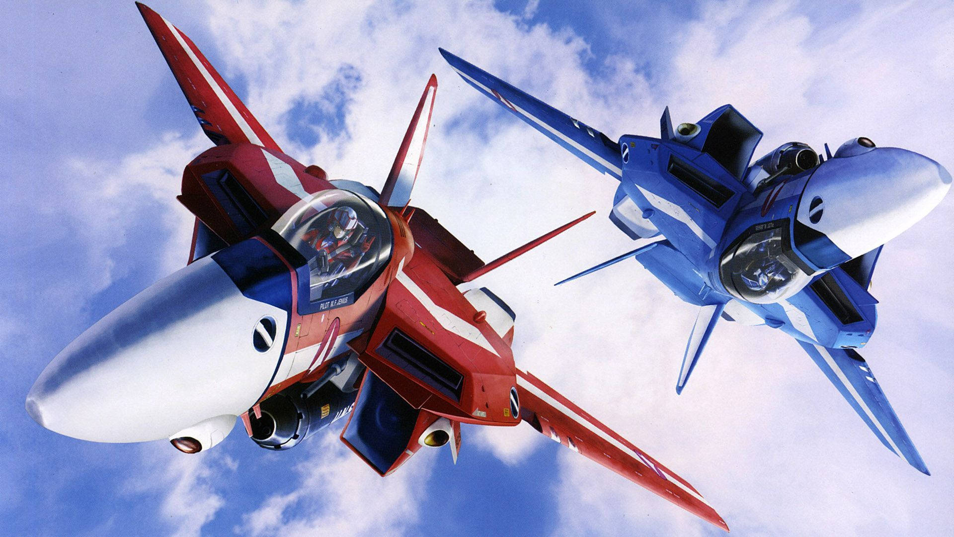 兩架動畫戰鬥機在藍天白雲中並排飛行。