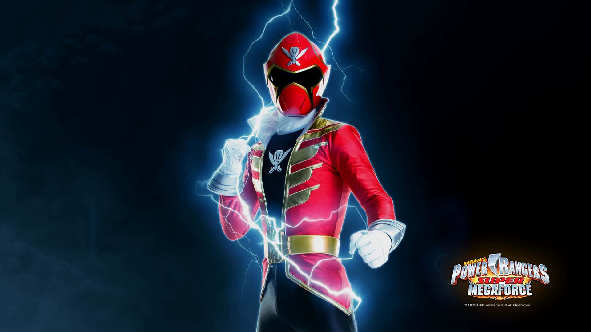 Power Rangers 桌布 壁紙 — 紅色Power Ranger以動感姿態被電藍色閃電包圍，背景為黑暗風暴。