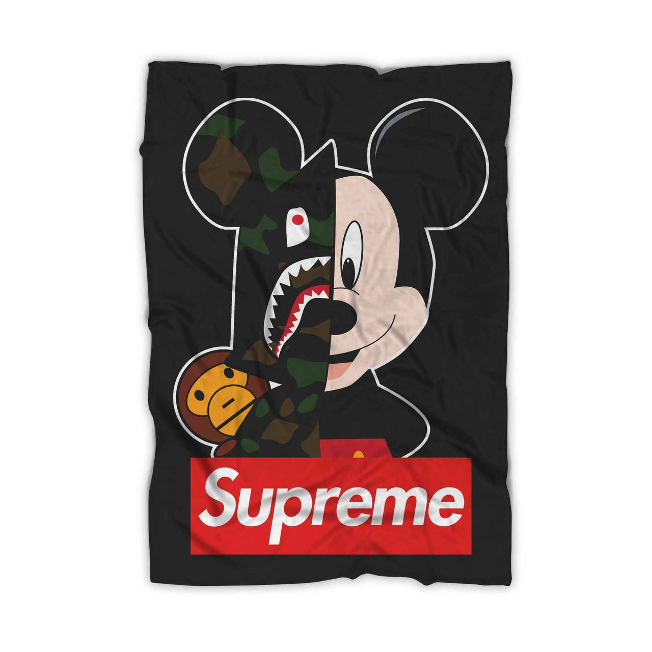 分裂面孔的米奇老鼠毛毯，手持Bape猿猴頭在Supreme標誌上方。