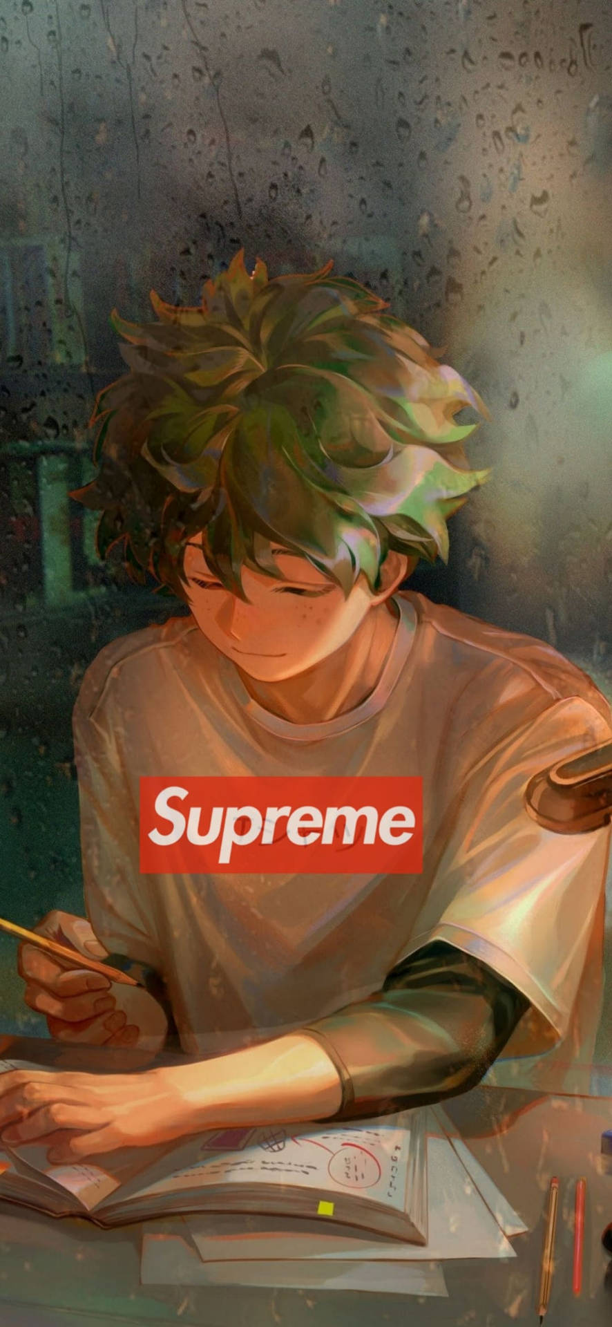 動漫男孩在雨窗旁的書桌學習，穿著Supreme襯衫。