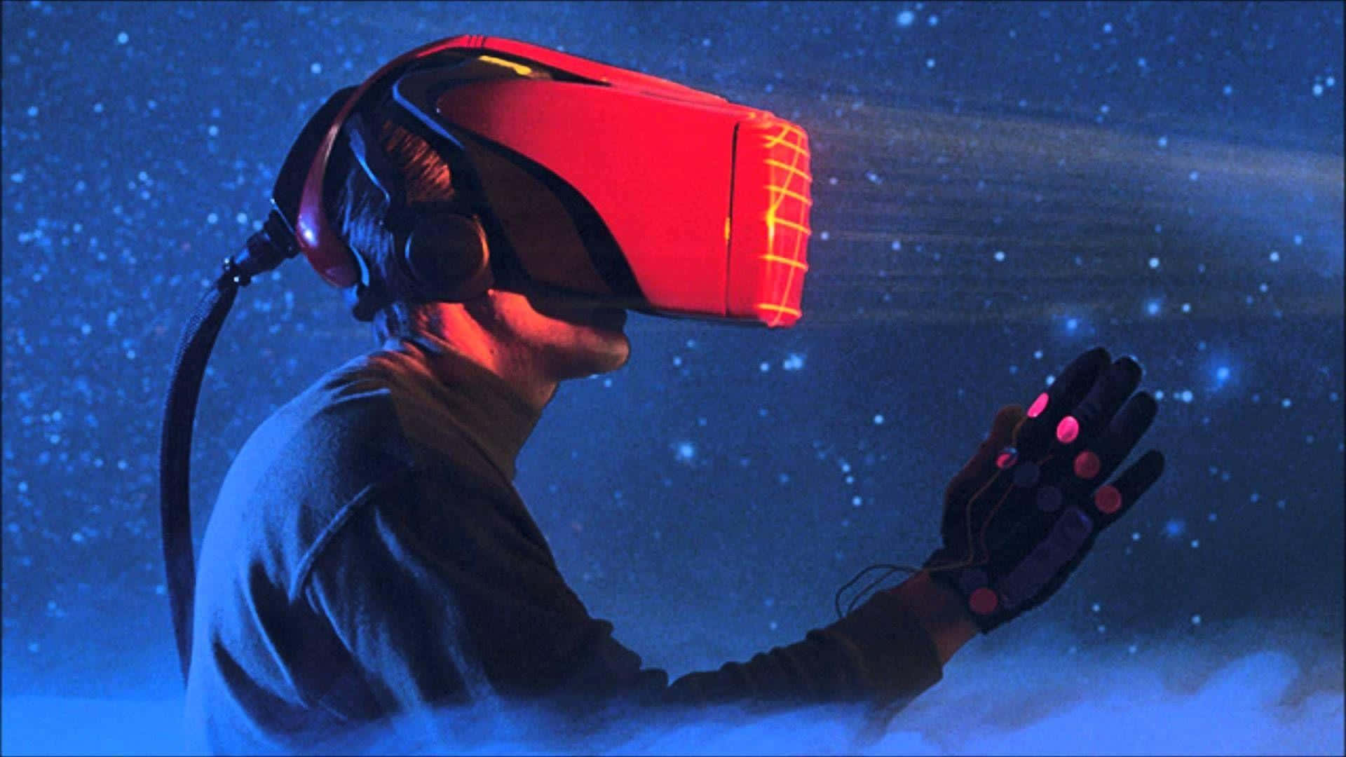 戴著VR頭戴式顯示器和發光手套的人沉浸在星光燦爛的數位空間中。