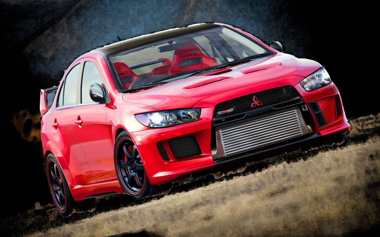紅色三菱Lancer Evolution拉力賽車在泥地賽道上，賽車座椅可見。
