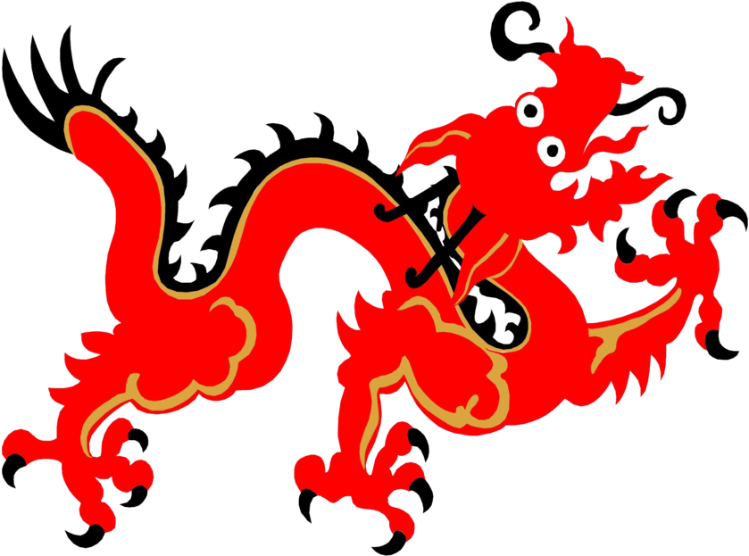 紅色中國龍插圖 壁紙 — 一隻充滿活力的紅色卡通龍，帶有金色邊飾和一雙白色大眼睛，在純黑色背景上動態地蜷曲著。