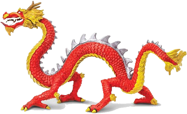 紅色中國龍擺件 壁紙 — 一個鮮豔的紅金色龍公仔，帶有銀色尖刺，在純黑背景前蓄勢待發。