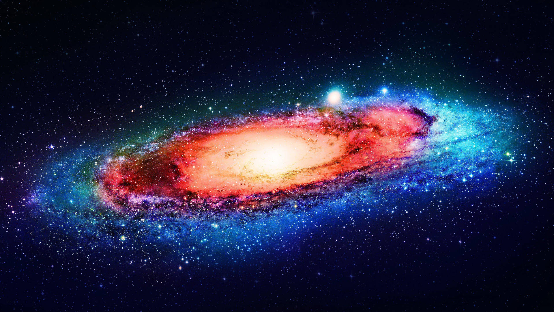 一個色彩繽紛的螺旋星系，在深空中擁有發光的旋臂和散落的星星。