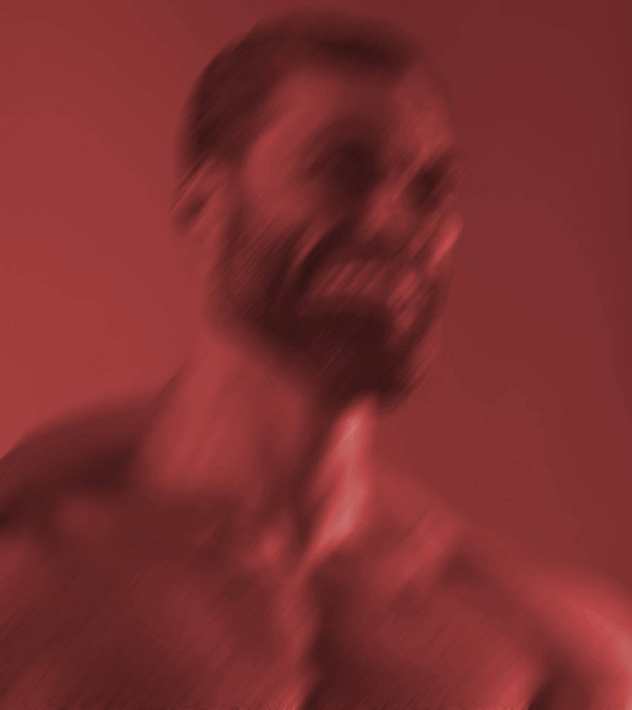 紅色光暈 Giga Chad 壁紙 — 一個模糊的鬍鬚男人赤裸上身，在純紅色背景前大笑。