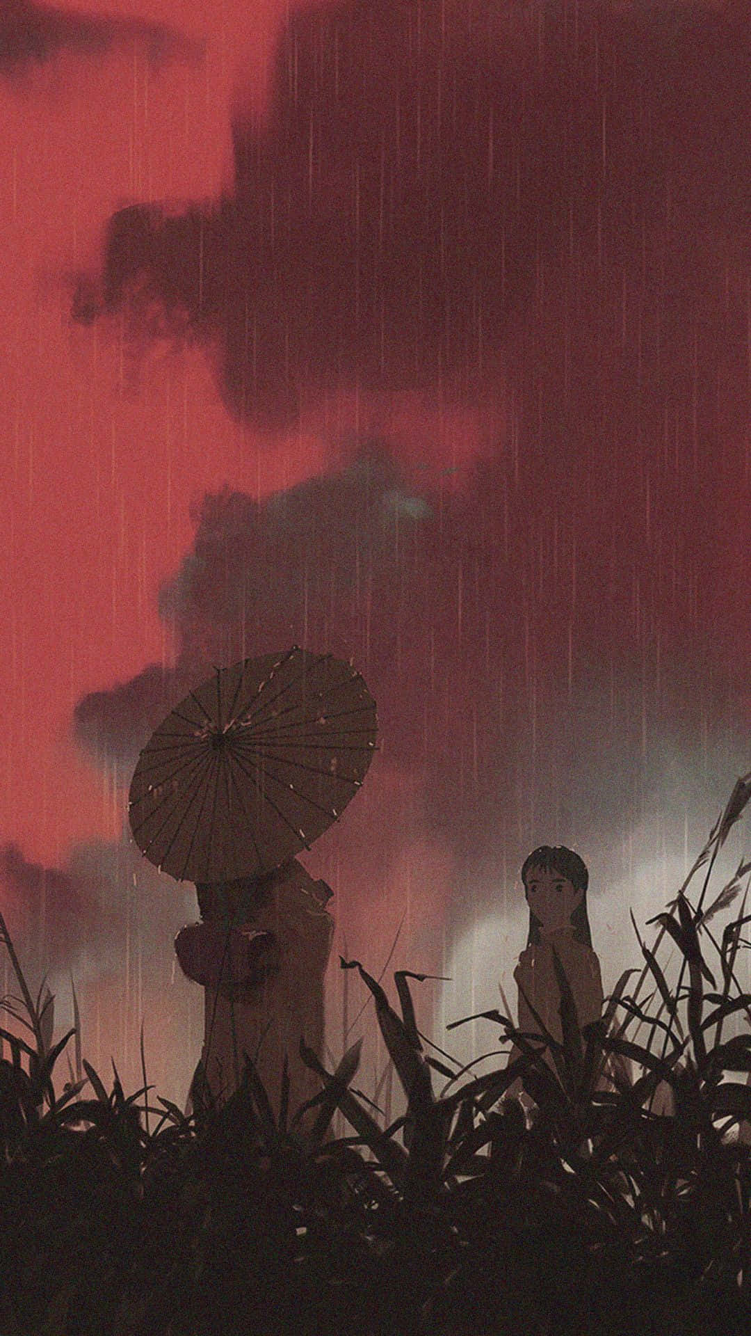 紅色動漫天空美學 壁紙 — 一個孤獨的身影撐著雨傘，站在高高的草叢中，天空是戲劇性的紅色暴風雨，雨水落下。