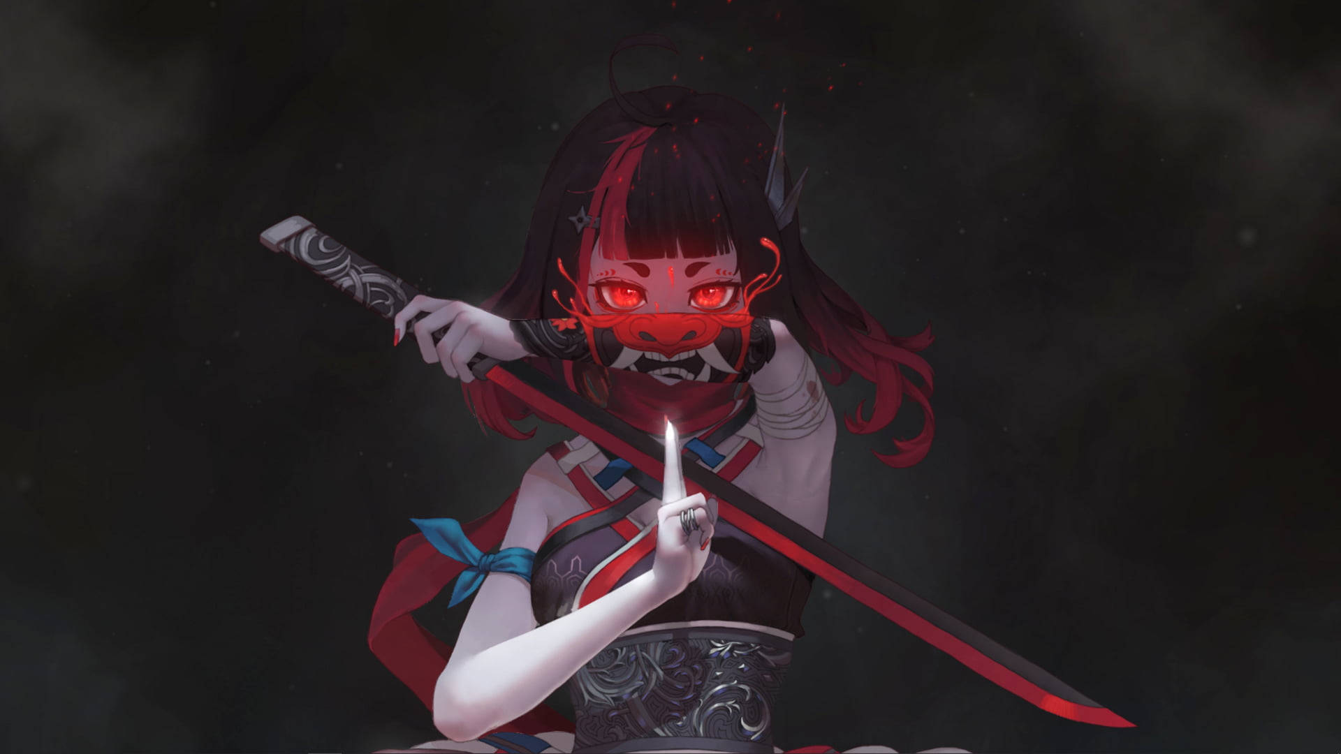 動漫女孩，紅色發光的眼睛和惡魔面具，在黑暗煙霧中握著武士刀。 — 暗黑動漫 壁紙