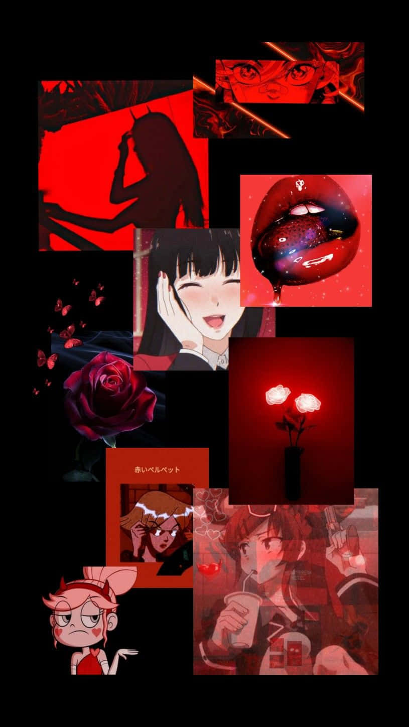 紅色動漫文物美學 壁紙 — 一幅動漫角色與物體的拼貼畫，在黑色背景上沐浴在強烈的紅光中。
