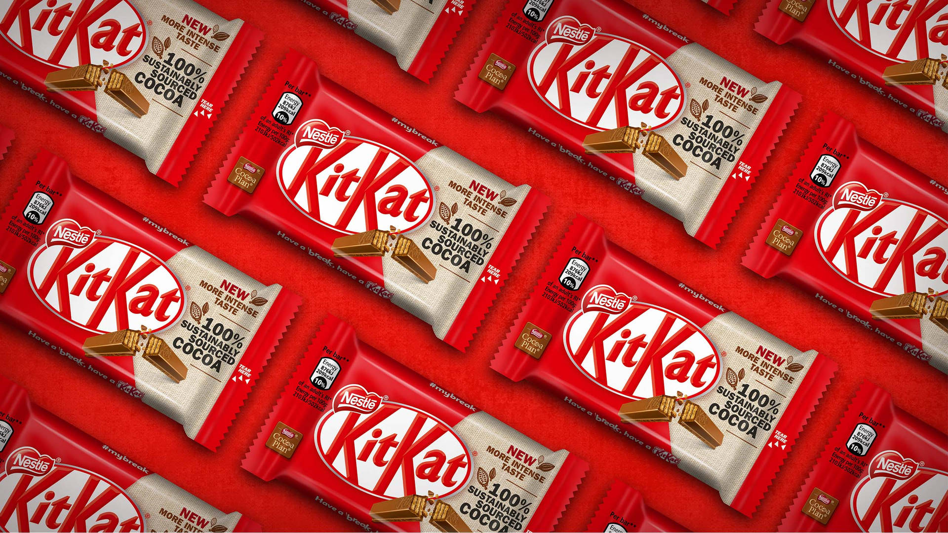 紅色包裝的 Kit Kat 巧克力 壁紙 — 紅色和白色的KitKat朱古力棒在鮮紅色背景上以重複圖案排列。