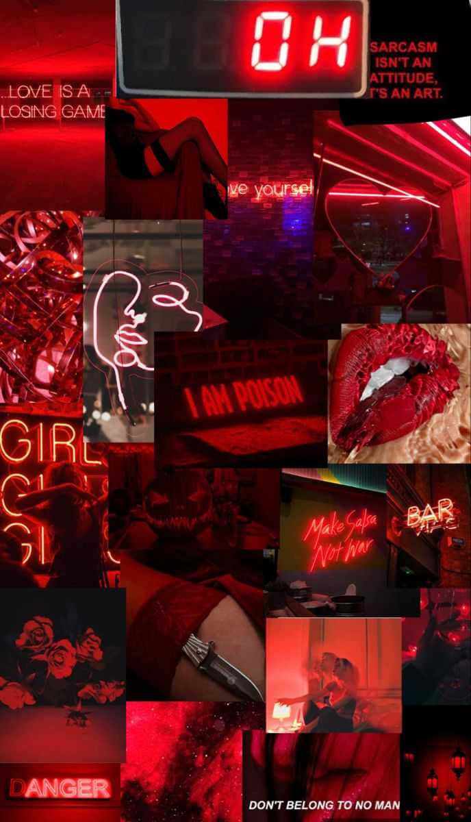 紅色霓虹拼貼，包含嘴唇、紋身、文字和酒吧場景，並有「I am poison」和「danger」等短語。