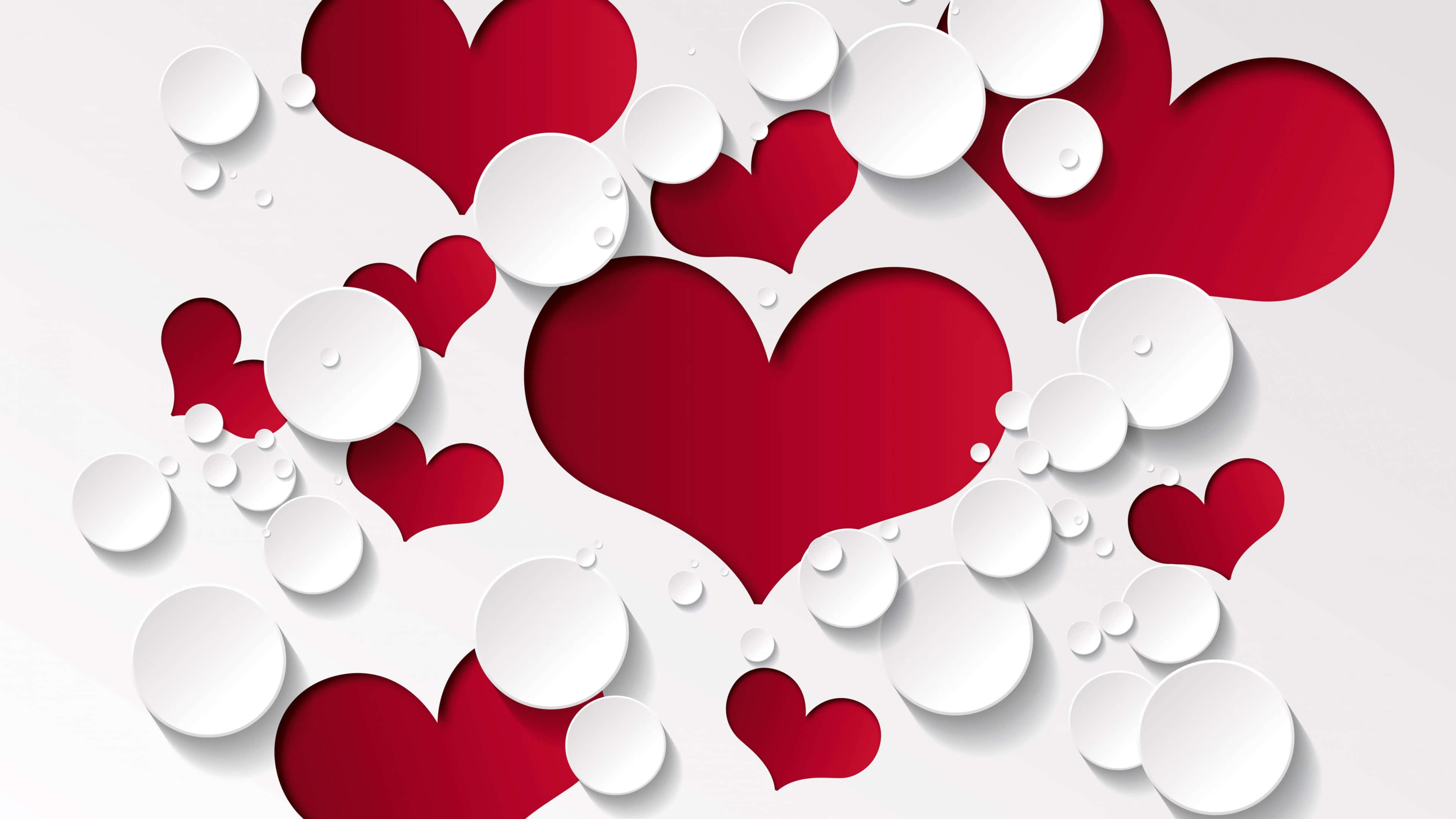 Heart Pattern 桌布 壁紙 — 紅色和白色的紙心形和圓形在淺灰色背景上以分層3D排列漂浮。