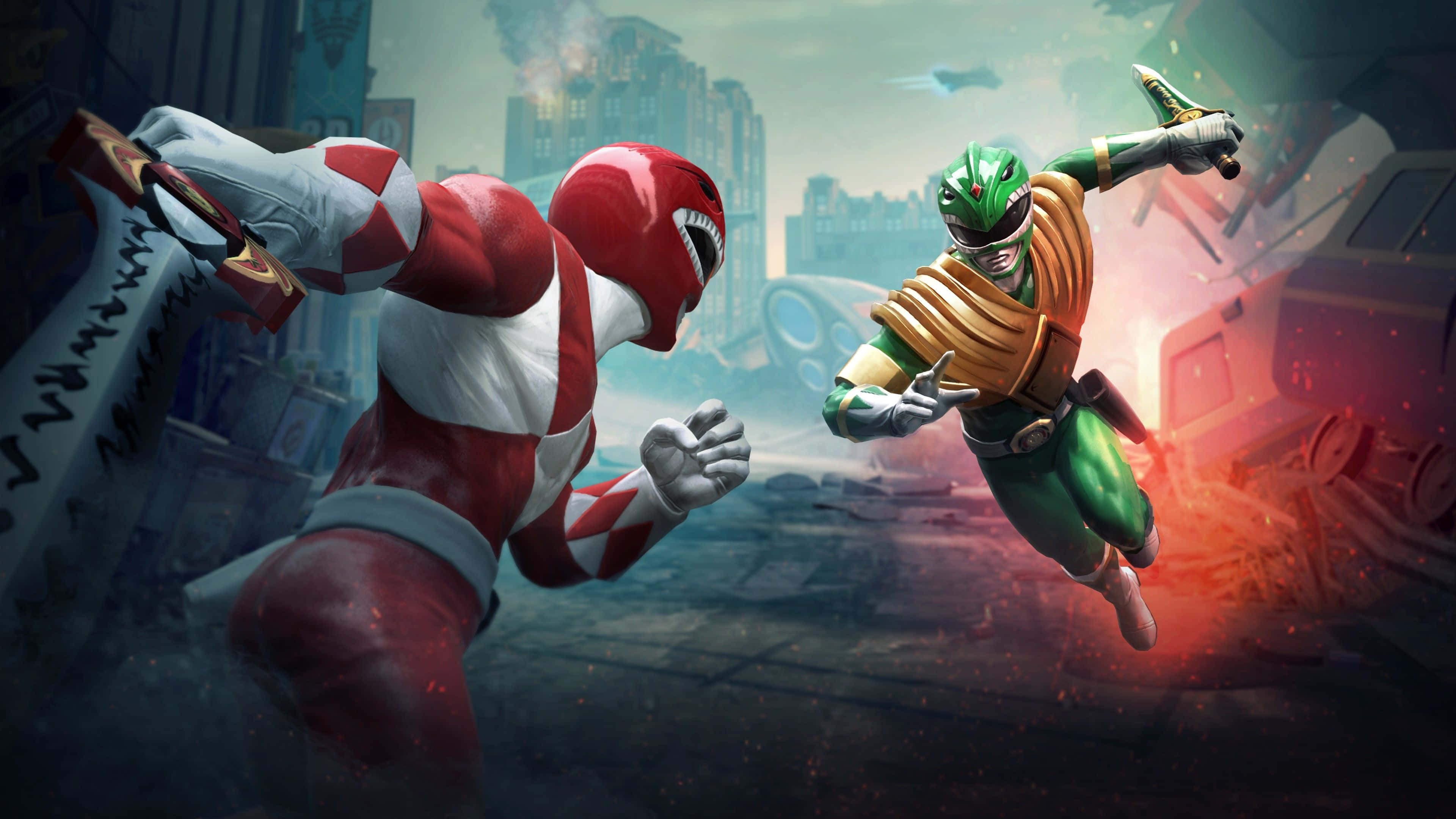 Power Rangers 桌布 壁紙 — 紅色和綠色的Power Rangers在一個充滿煙霧和飛揚碎片的 gritty 城市戰場上衝突。