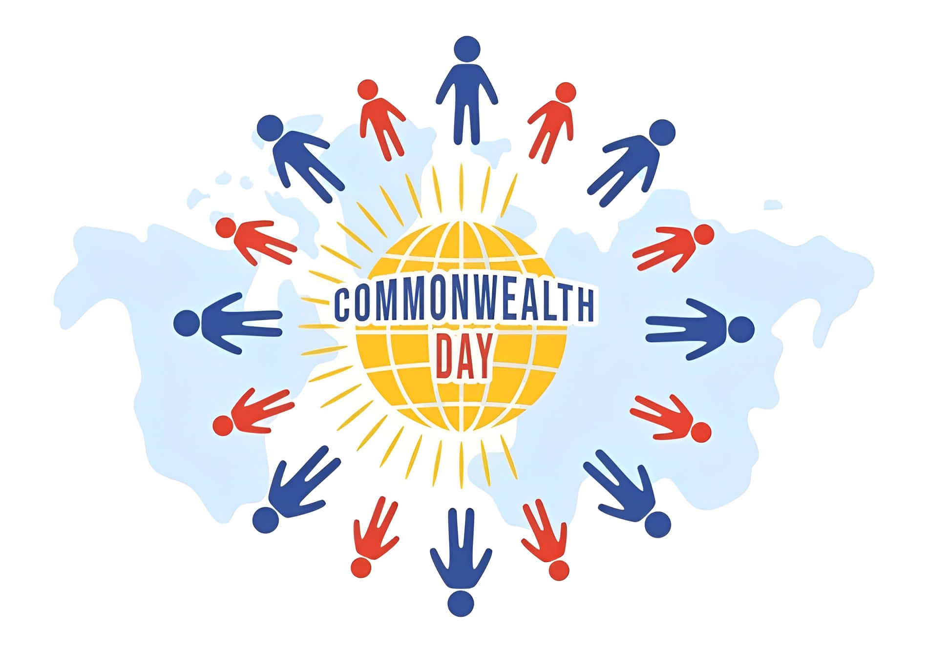 Commonwealth Day 桌布 壁紙 — 紅色和藍色的風格化人物圍繞著一個發光的地球儀，上面有「COMMONWEALTH DAY」文字，背景是世界地圖。
