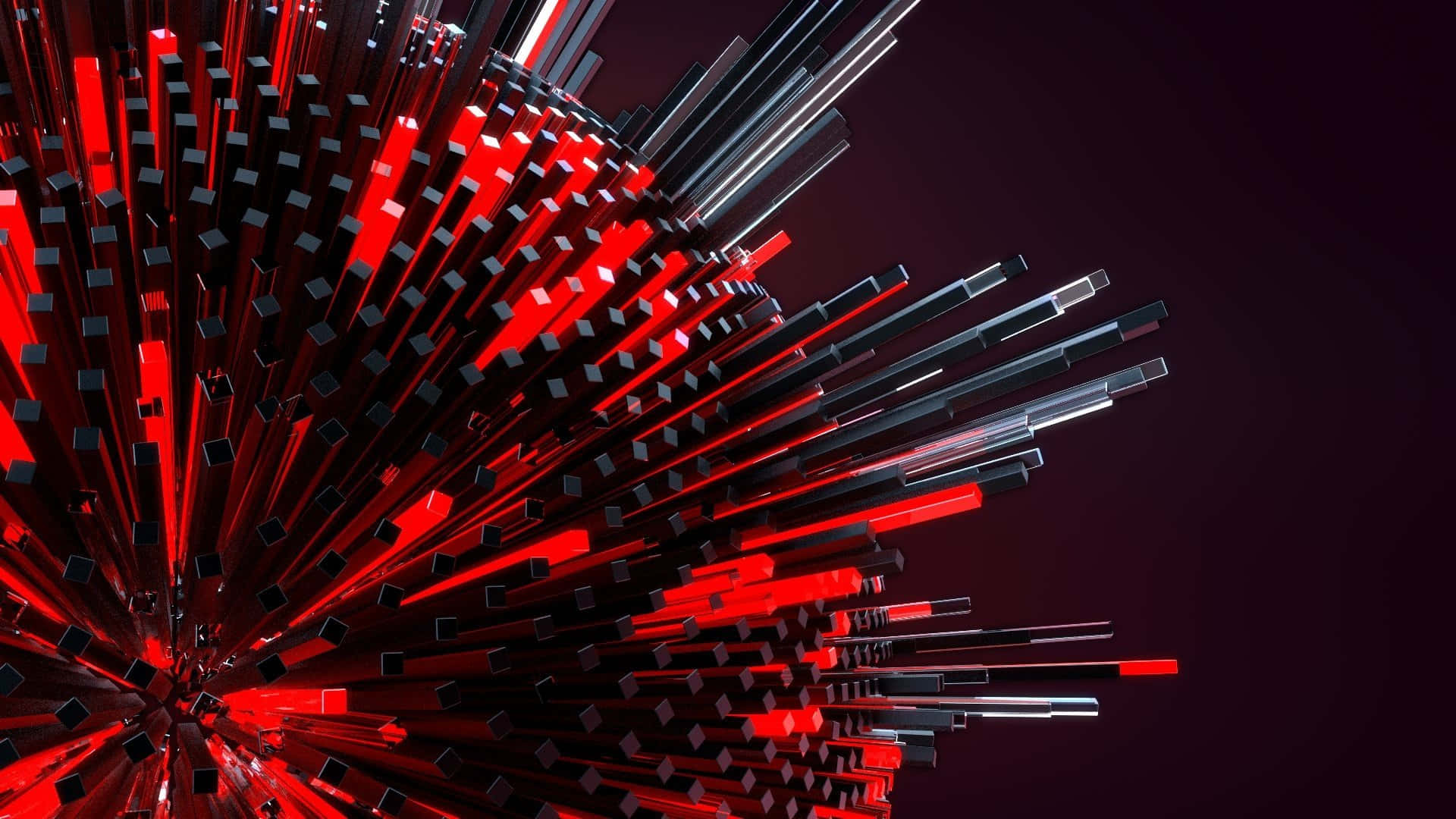 3d Abstract 桌布 壁紙 — 紅色和黑色幾何棒在深色背景上向外放射的動態爆發。