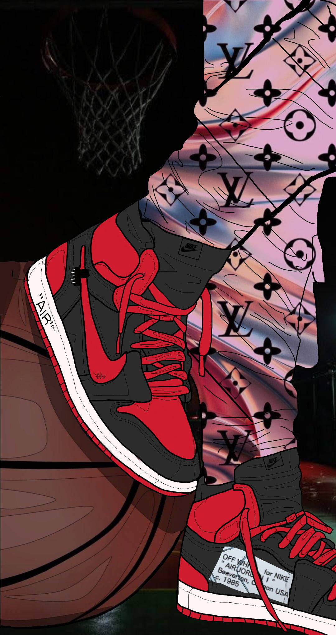 Sneakers 桌布 壁紙 — 紅色和黑色的Nike Air Jordan運動鞋站在籃球旁邊，籃球架下，背景是Louis Vuitton圖案。