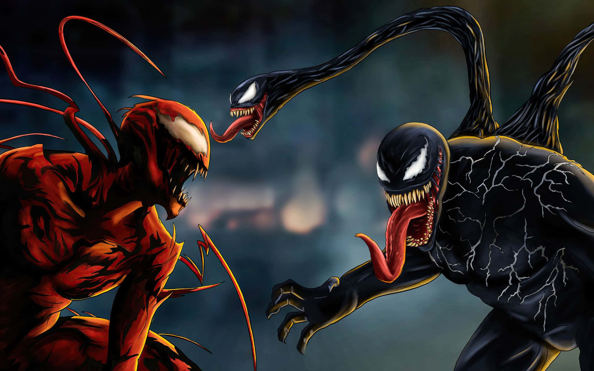 Carnage Vs Venom 桌布 壁紙 — 紅色和黑色的共生體在黑暗、煙霧瀰漫的戰鬥中碰撞，舌頭甩動，牙齒露出。