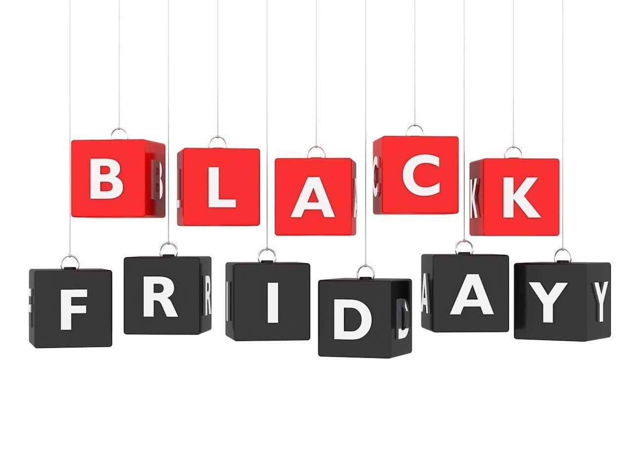 Black Friday 桌布 壁紙 — 紅色和黑色的懸掛方塊在潔白的背景上拼出 BLACK FRIDAY。