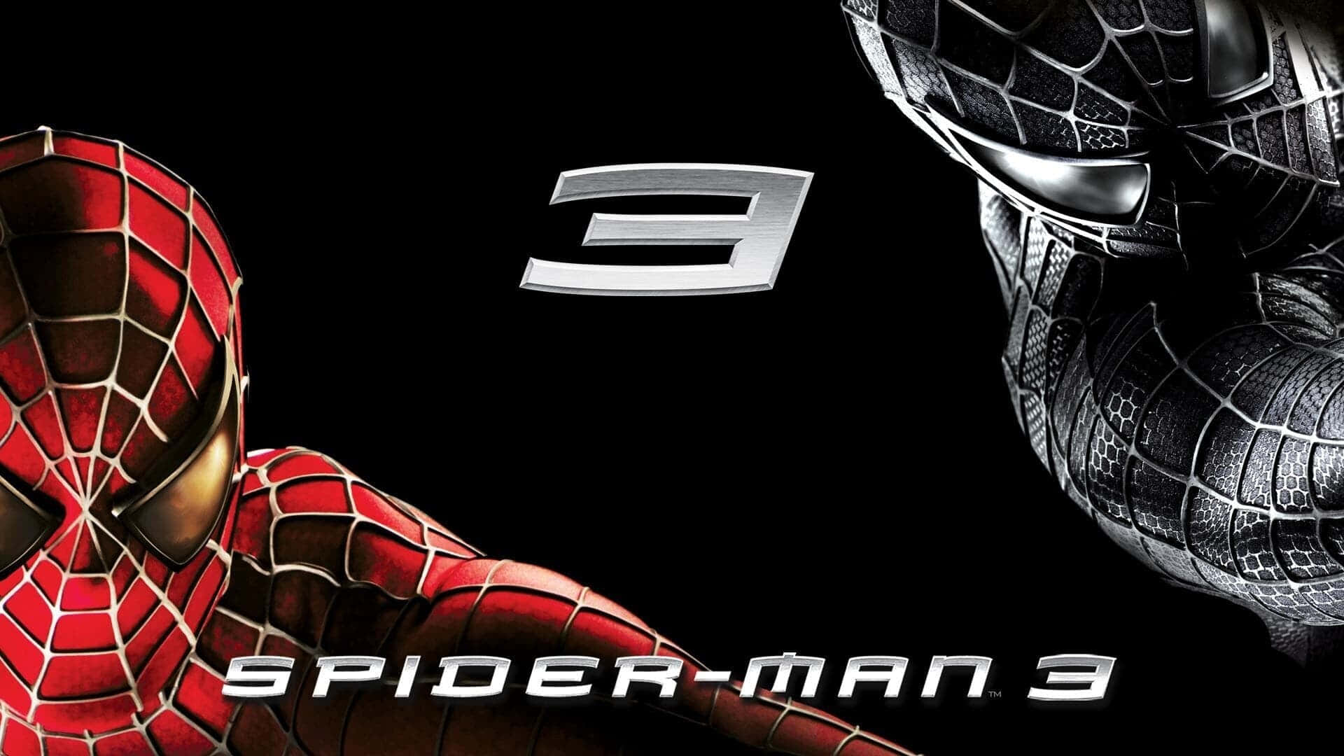 Spider Man 3 桌布 壁紙 — 紅色和黑色的蜘蛛俠戰衣在純黑色背景上對峙，背景上有一個發光的銀色數字三標誌。