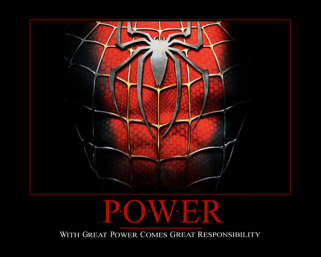 With Great Power Comes Great Responsibility 桌布 壁紙 — 紅色和黑色蜘蛛俠套裝的特寫，金屬蜘蛛標誌在黑暗背景上發光。
