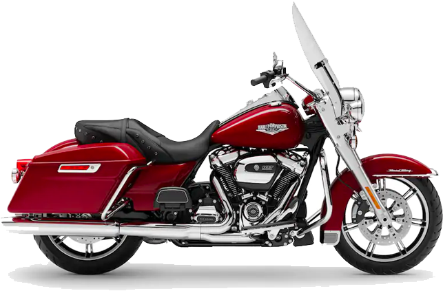 紅色哈雷戴維森巡遊機車 壁紙 — 一架亮紅色Harley-Davidson旅行摩托車，帶有鍍鉻裝飾和黑色皮革座椅，孤立地立在白色背景上。