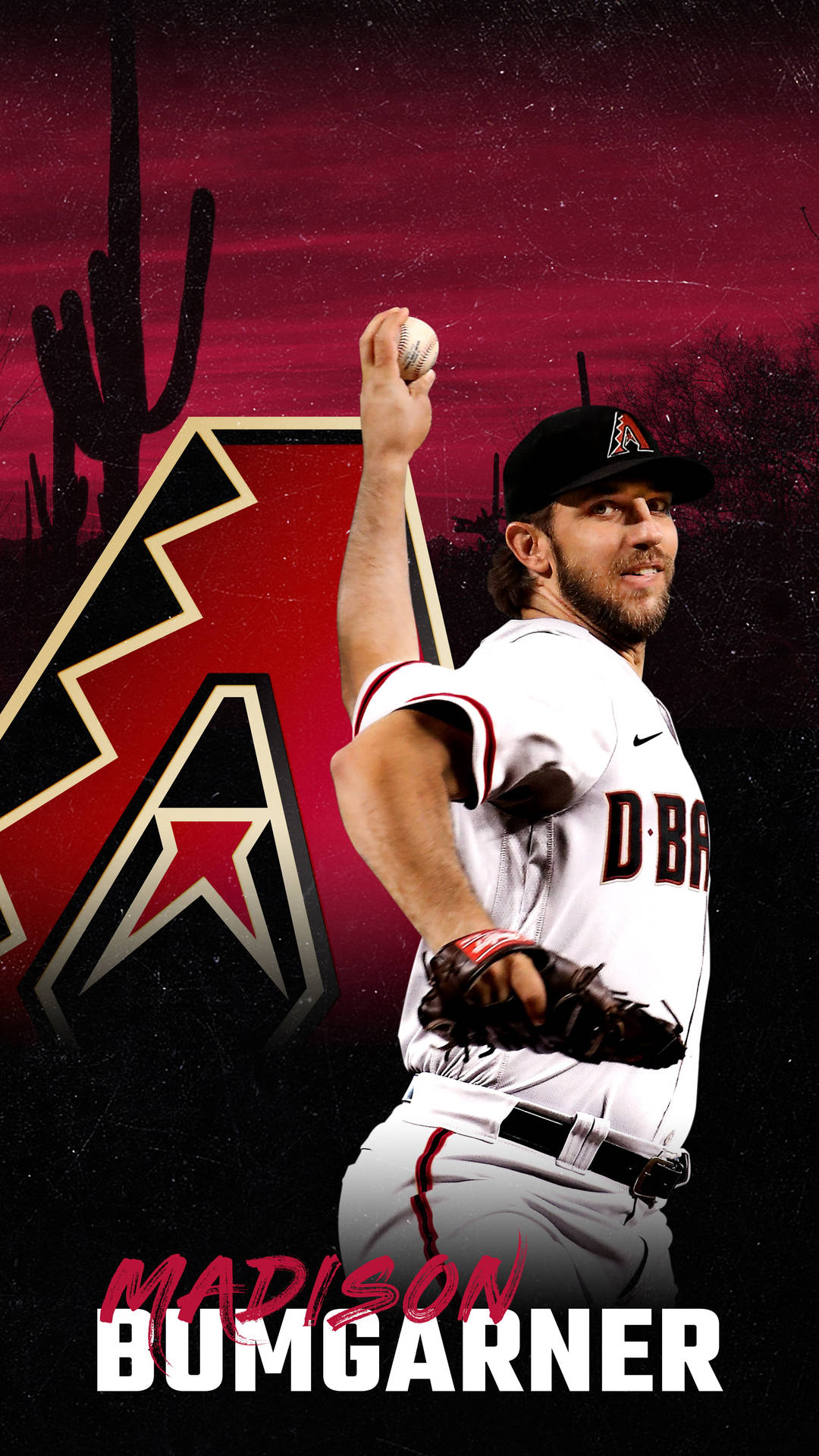 棒球投手 Madison Bumgarner 身穿球隊球衣在沙漠背景下行動。