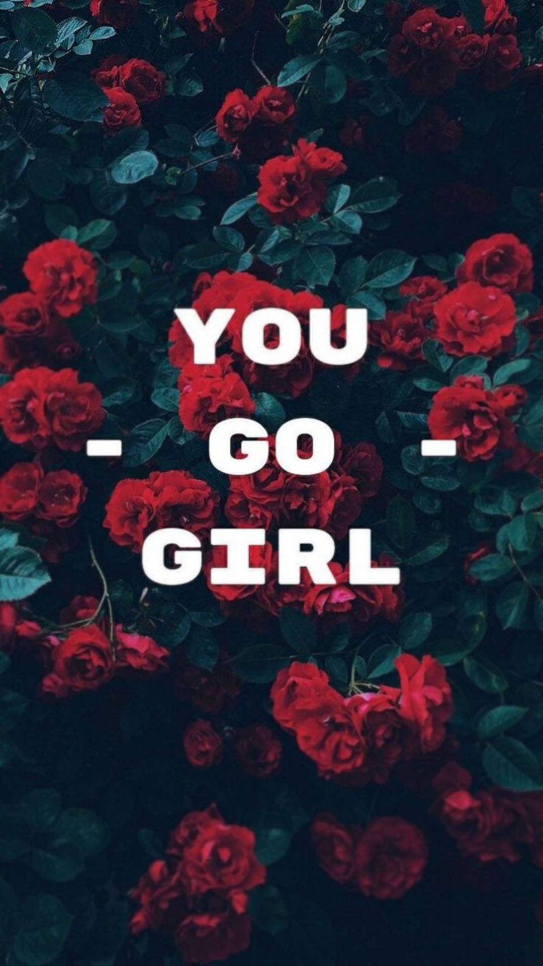 深色葉子與白色勵志文字 you go girl 的紅玫瑰。