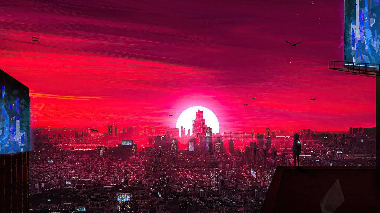 屋頂上一個人的剪影，看著未來城市上空的紅色夕陽。