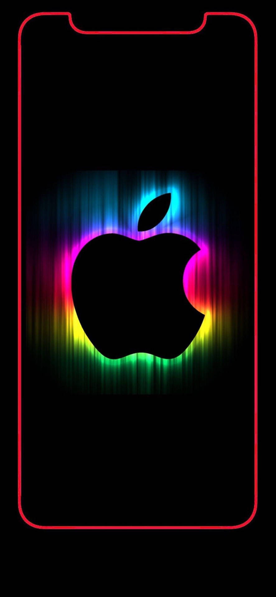 Apple標誌在黑色手機屏幕上以紅色輪廓發出彩虹色光芒。