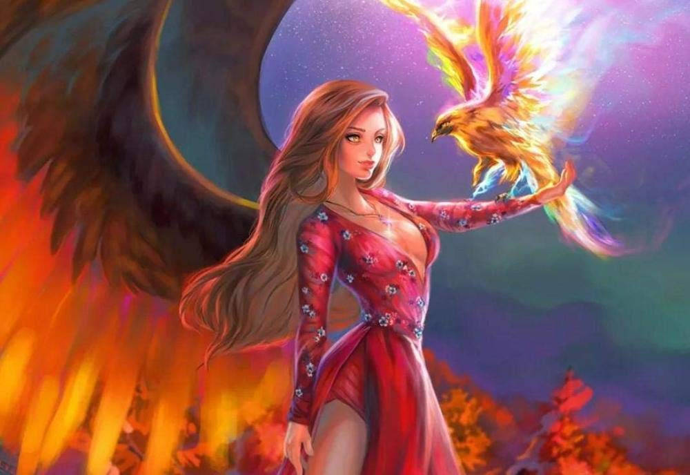 擁有天使翅膀的女性和宇宙天空中的鳳凰