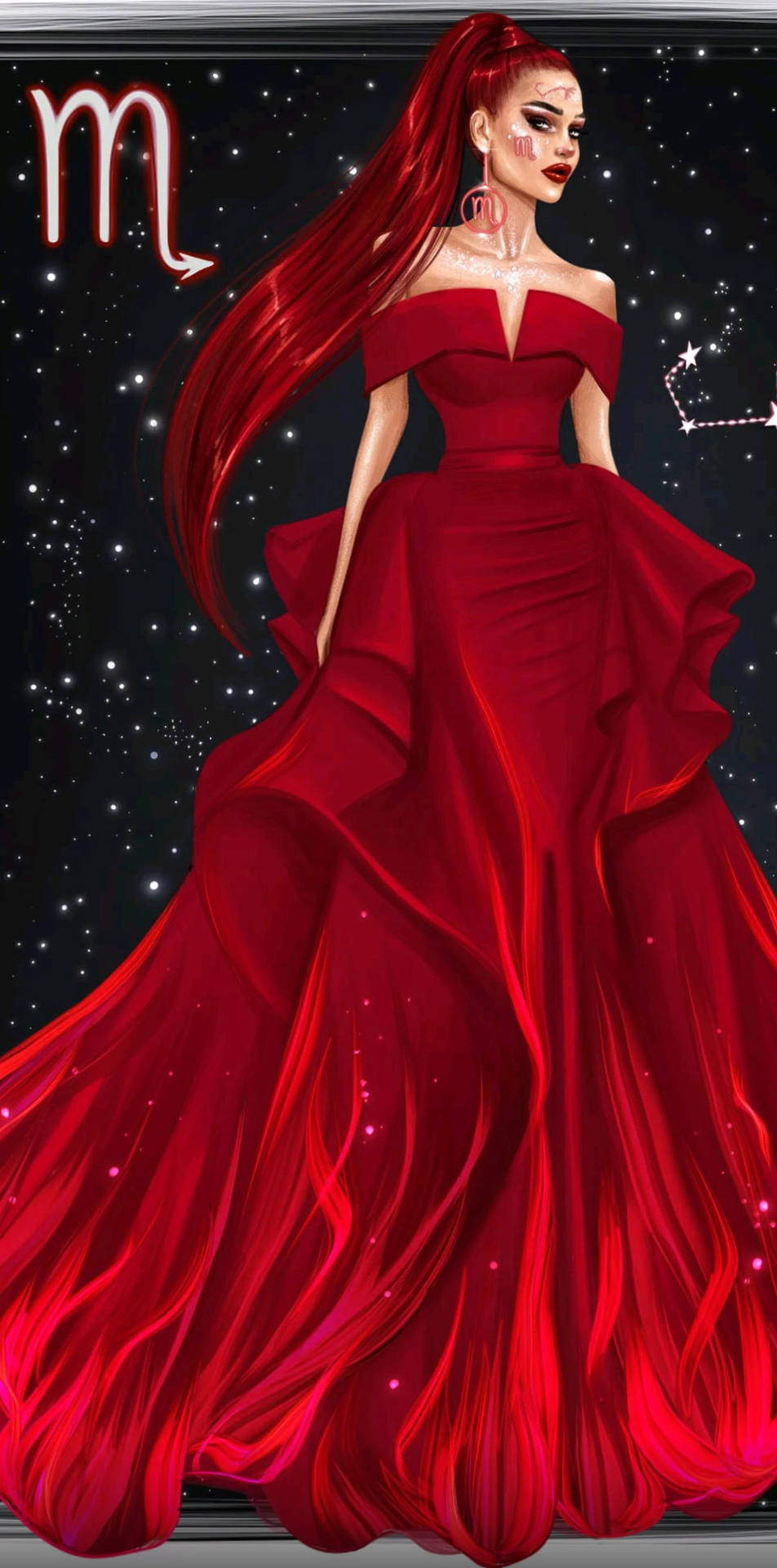 紅裙女士在星空下與天蠍座符號