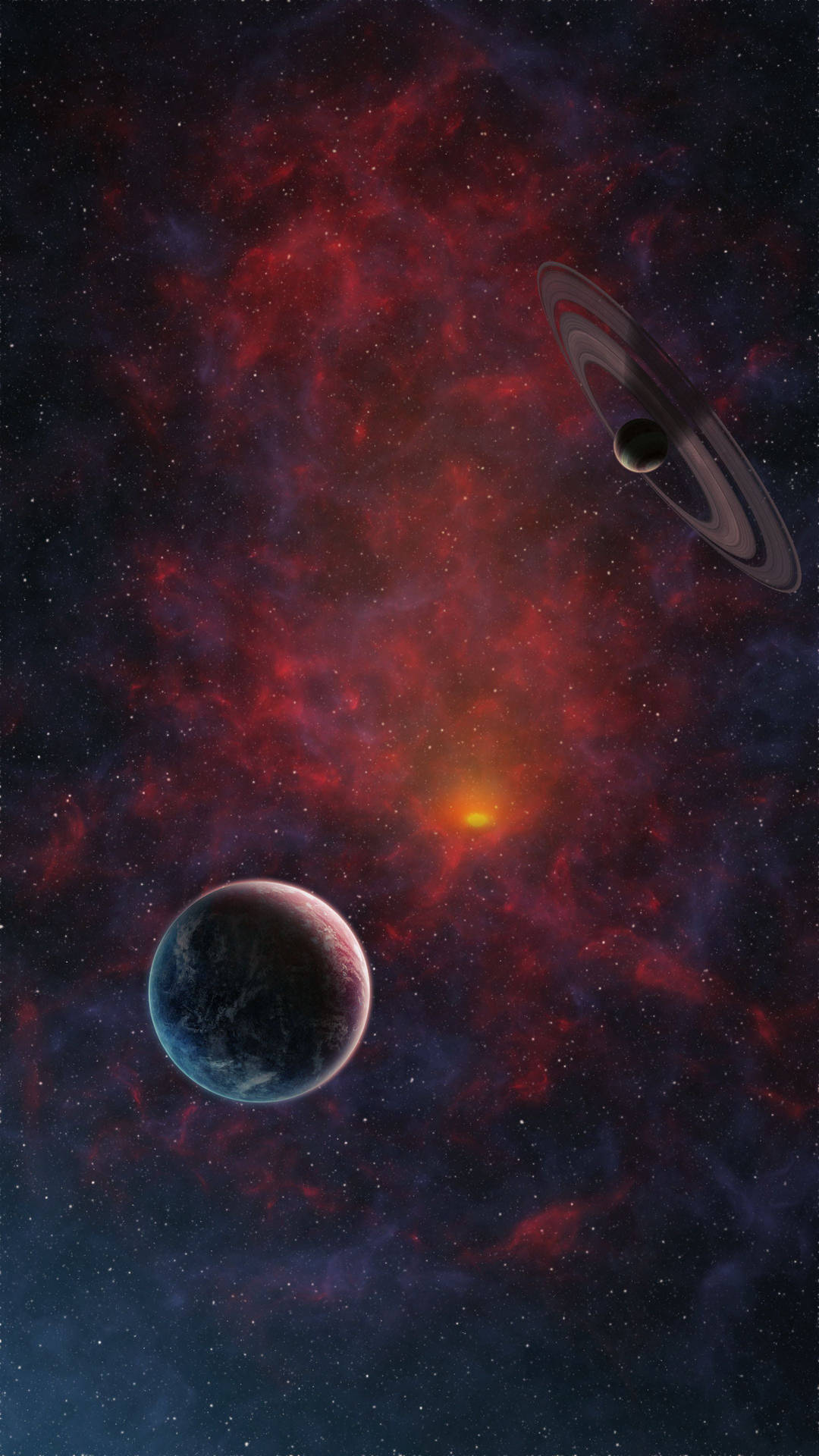 兩顆行星在佈滿星星的彩色星雲中運行。