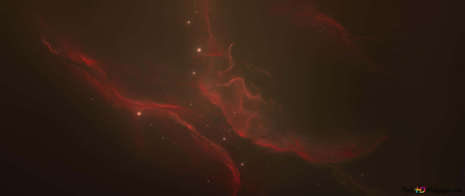 紅色太空水霧 壁紙 — 鮮豔的紅色宇宙星雲，帶有發光的絲狀結構和散落的星星，背景是黑暗虛空。
