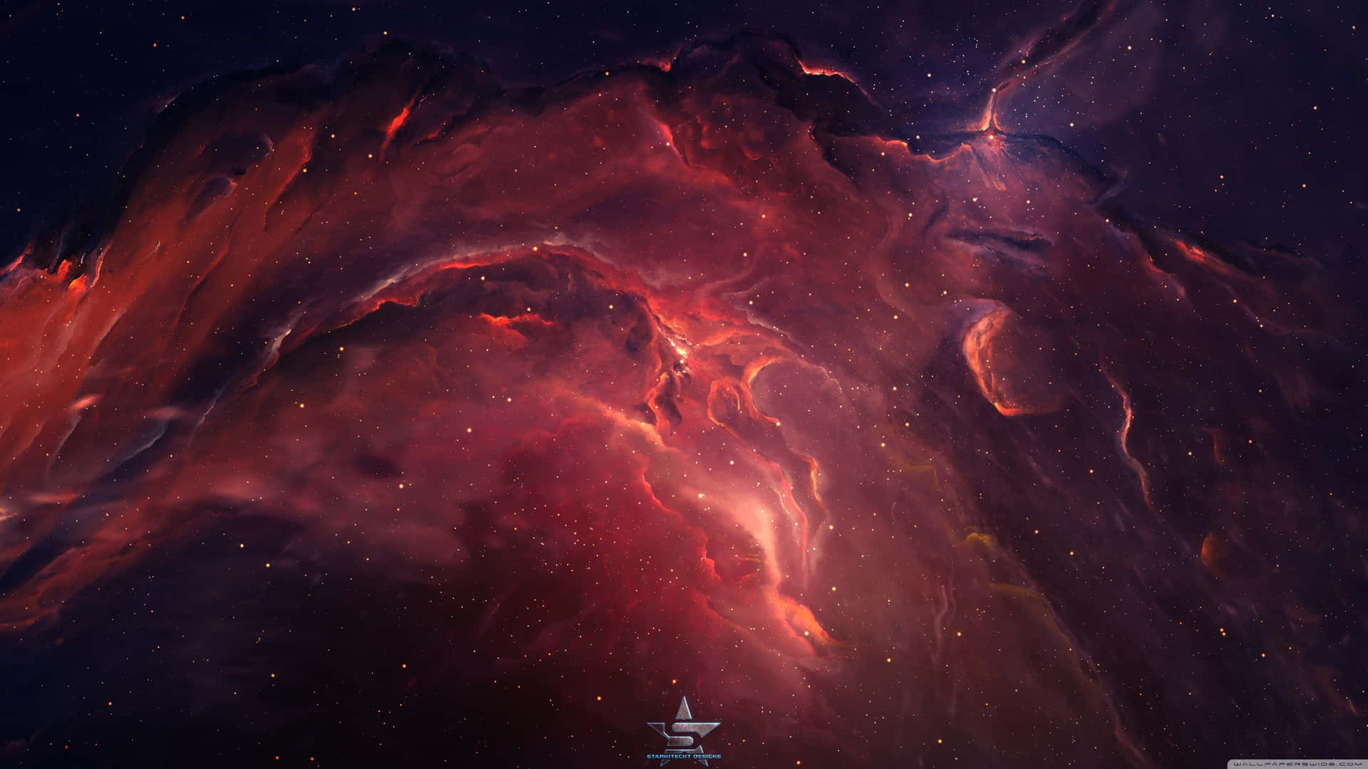 紅色太空波浪雲 壁紙 — 一個旋轉的宇宙星雲在黑暗的宇宙天空下，以火紅和深紫色在星場中發光。