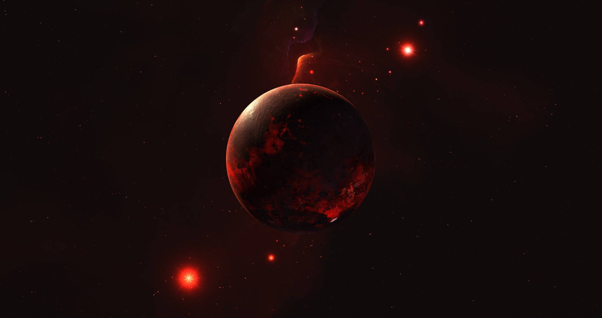 在繁星點點的宇宙場景中，一顆表面發光的紅色行星。
